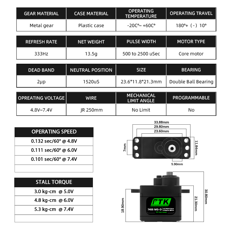 PTK 7455MG-D servo 12g Digital - Rc Hobby Grade 评论和价格